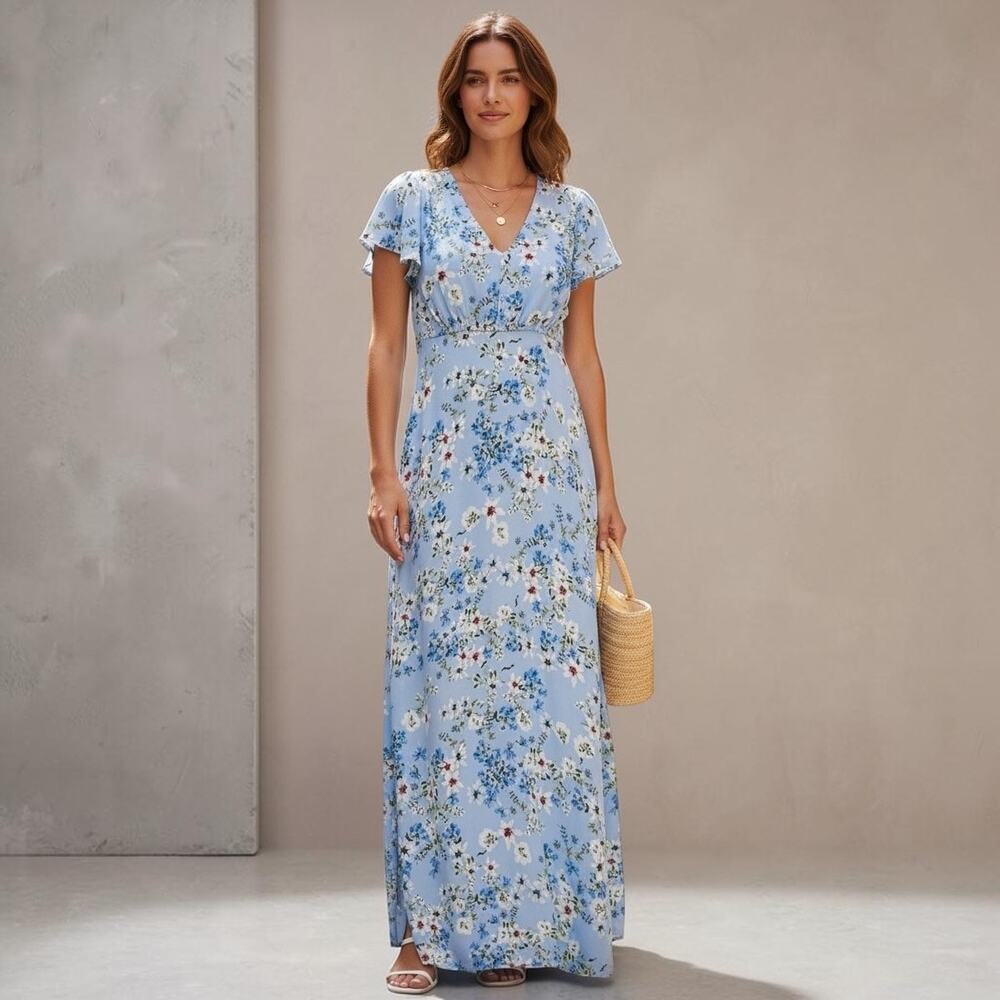 BANANA REPUBLIC Ecovero Floral Maxi Dress Blue Wedding Cottagecore Cocktail